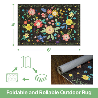 DEORAB 4'x 6' Outdoor Rug Chenille 3-Layers Patio Washable Mat Imitation Silicone Material Camping Garden RV Carpet,BLACK