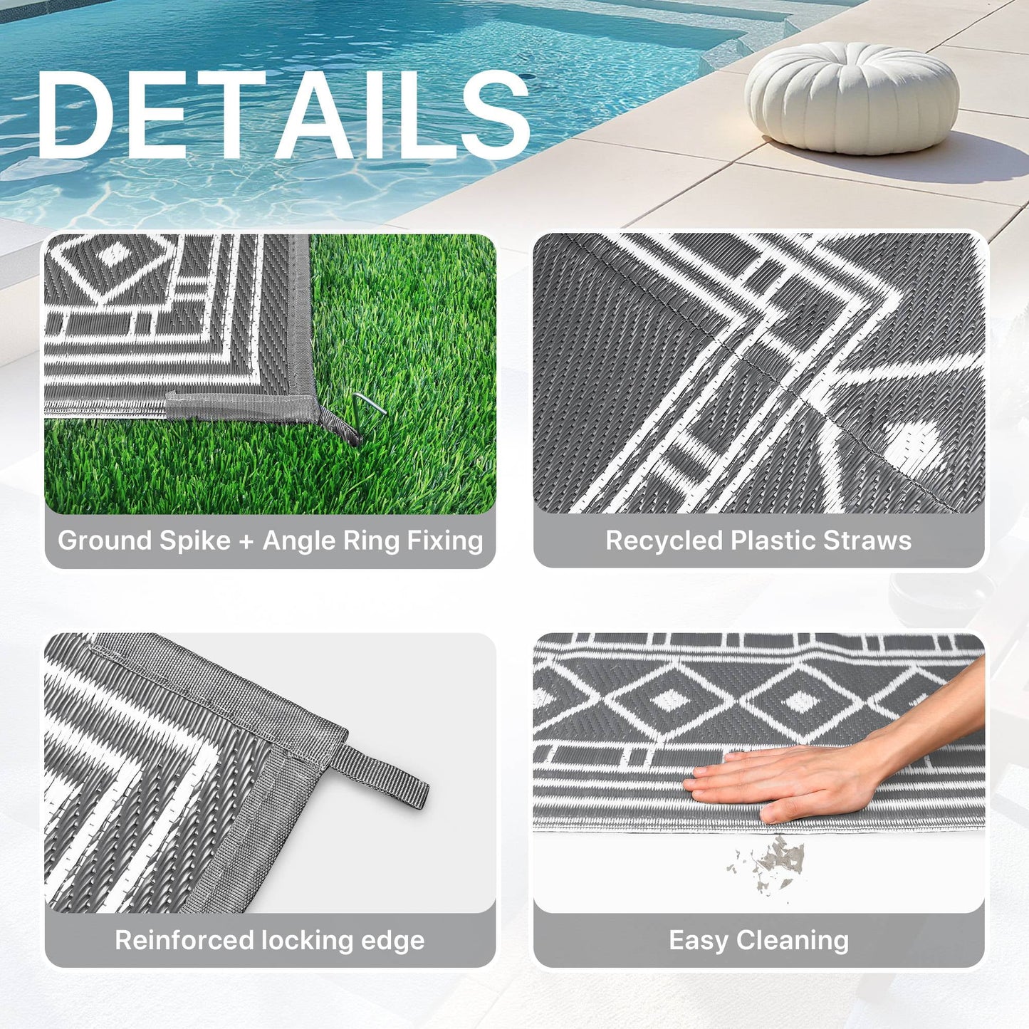 deorab outdoor rugs waterproof plastic straw camping carpet reversible patio outside mat 5'x8',grey & white