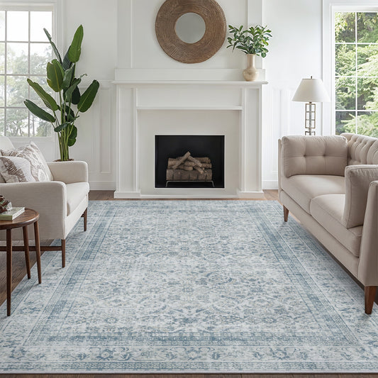 DEORAB 8X10 Area Rugs for Living Room, Machine Washable Bedroom Rugs Distressed Vintage Print Large Throw Rug Dining Room Aesthetic, Non Slip Ultra-thin Carpet with Gripper