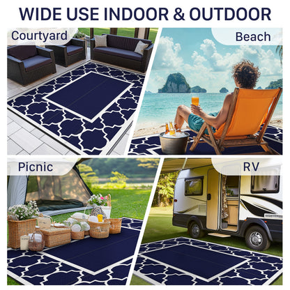 DEORAB Outdoor Rugs Waterproof Plastic Straw Mat 6'x9' Reversible for RV Patio Deck Beach Blue & White