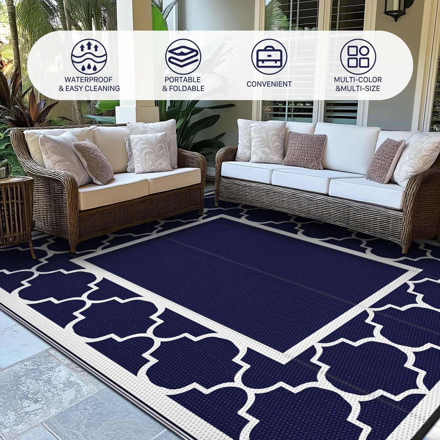 deorab outdoor rugs waterproof plastic straw mat 10'x14' reversible for rv patio deck beach blue & white