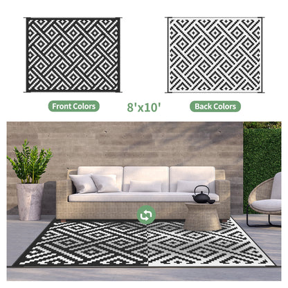 DEORAB Outdoor Rugs Waterproof Plastic Straw Mat 8'x10' Reversible for RV Patio Deck Beach Black & White