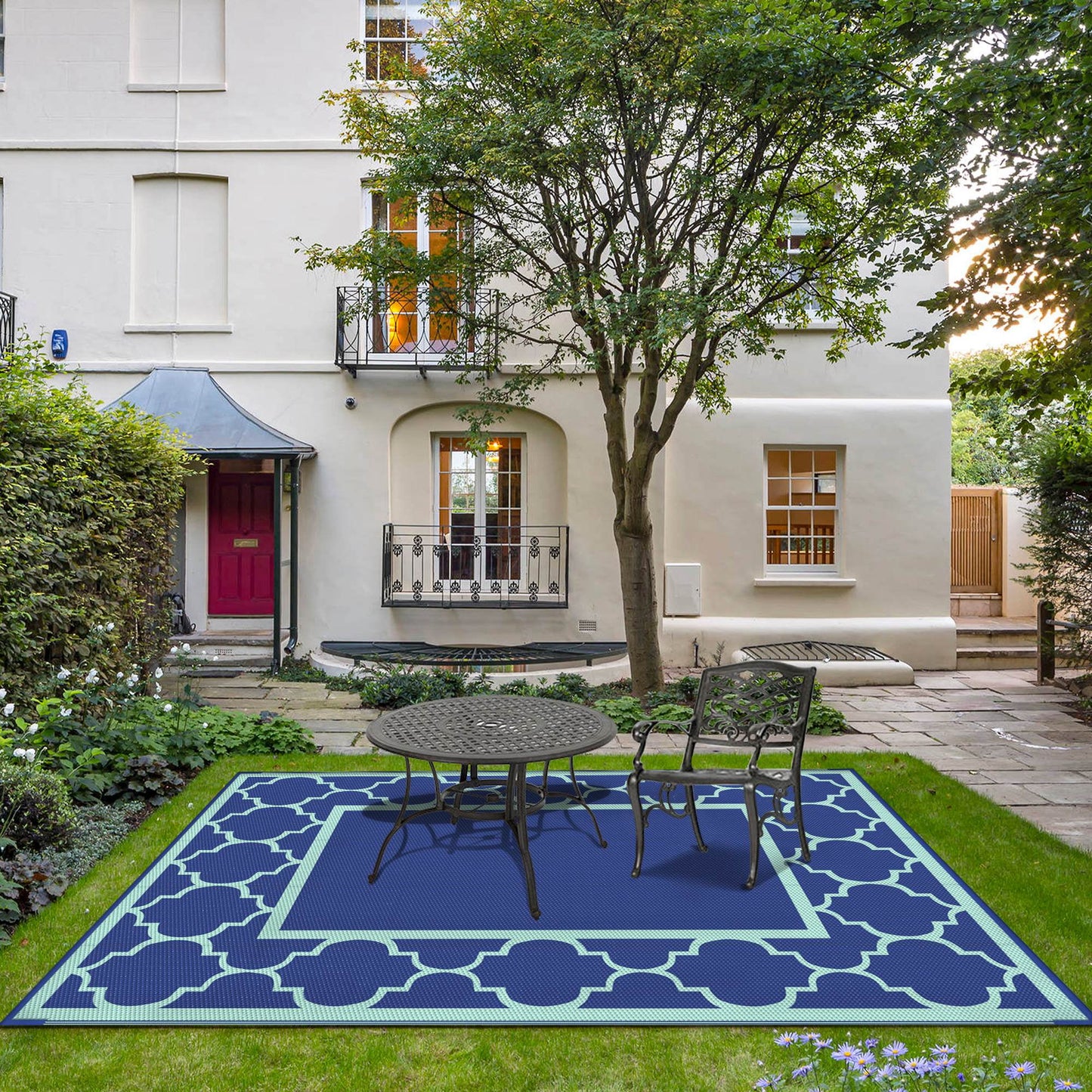 deorab 8'x10' outdoor rug clearance waterproof patio mat reversible plastic camping carpet,royal blue & blue green