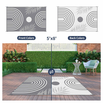 DEORAB Outdoor Rugs Waterproof Plastic Straw Mat 5'x8' Reversible for RV Patio Deck Beach Gray & White
