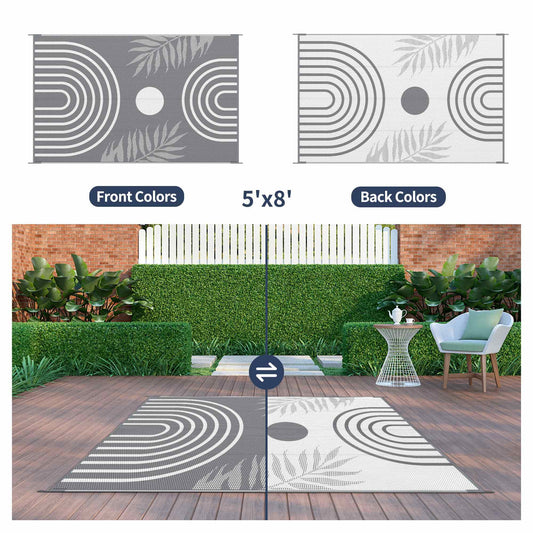 DEORAB Outdoor Rugs Waterproof Plastic Straw Mat 5'x8' Reversible for RV Patio Deck Beach Gray & White