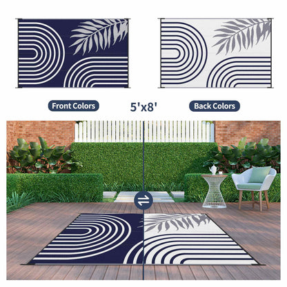 DEORAB Outdoor Rugs Waterproof Plastic Straw Mat 5'x8' Reversible for RV Patio Deck Beach Blue & White