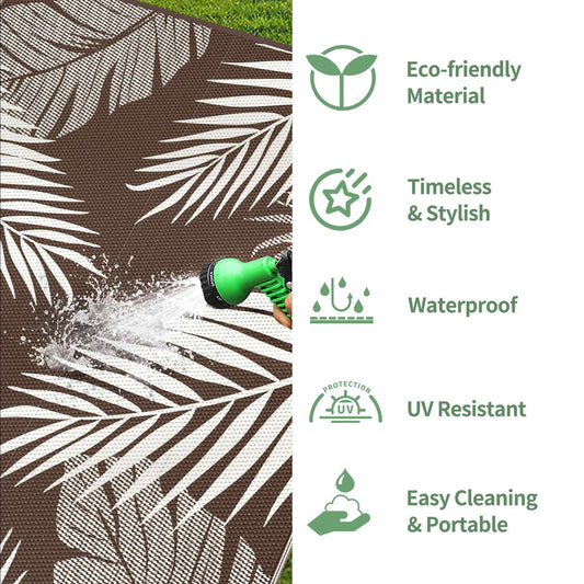 DEORAB 9'x12' Outdoor Rugs Patio Waterproof Outside Mat Reversible Plastic Camping Carpet,Coffee & Beige