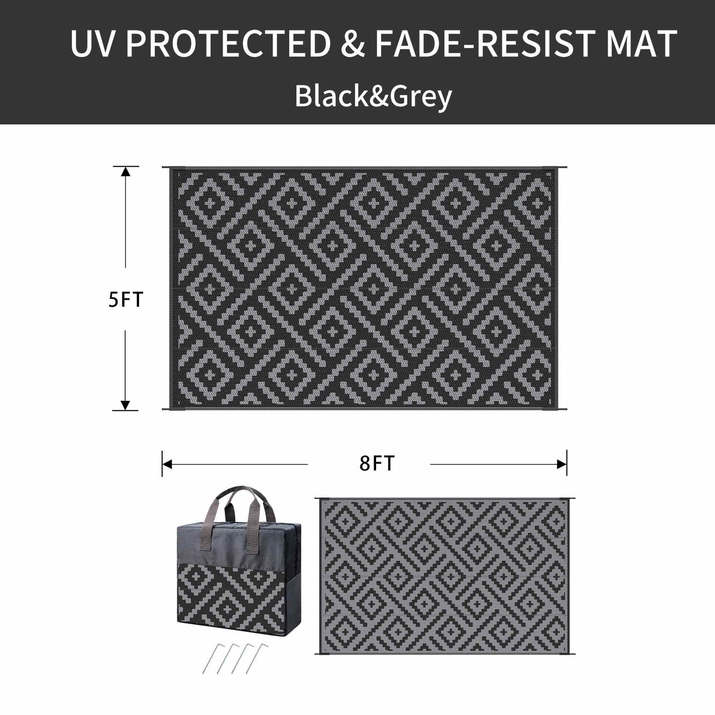 deorab outdoor rugs waterproof plastic straw mat 5'x8' reversible for rv patio deck beach black & gray