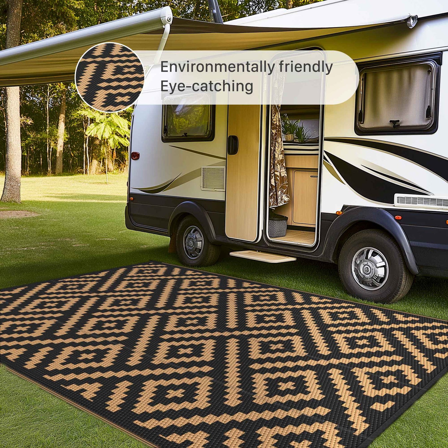 deorab 4'x6' outdoor rug patio waterproof mat reversible plastic camping black & brown