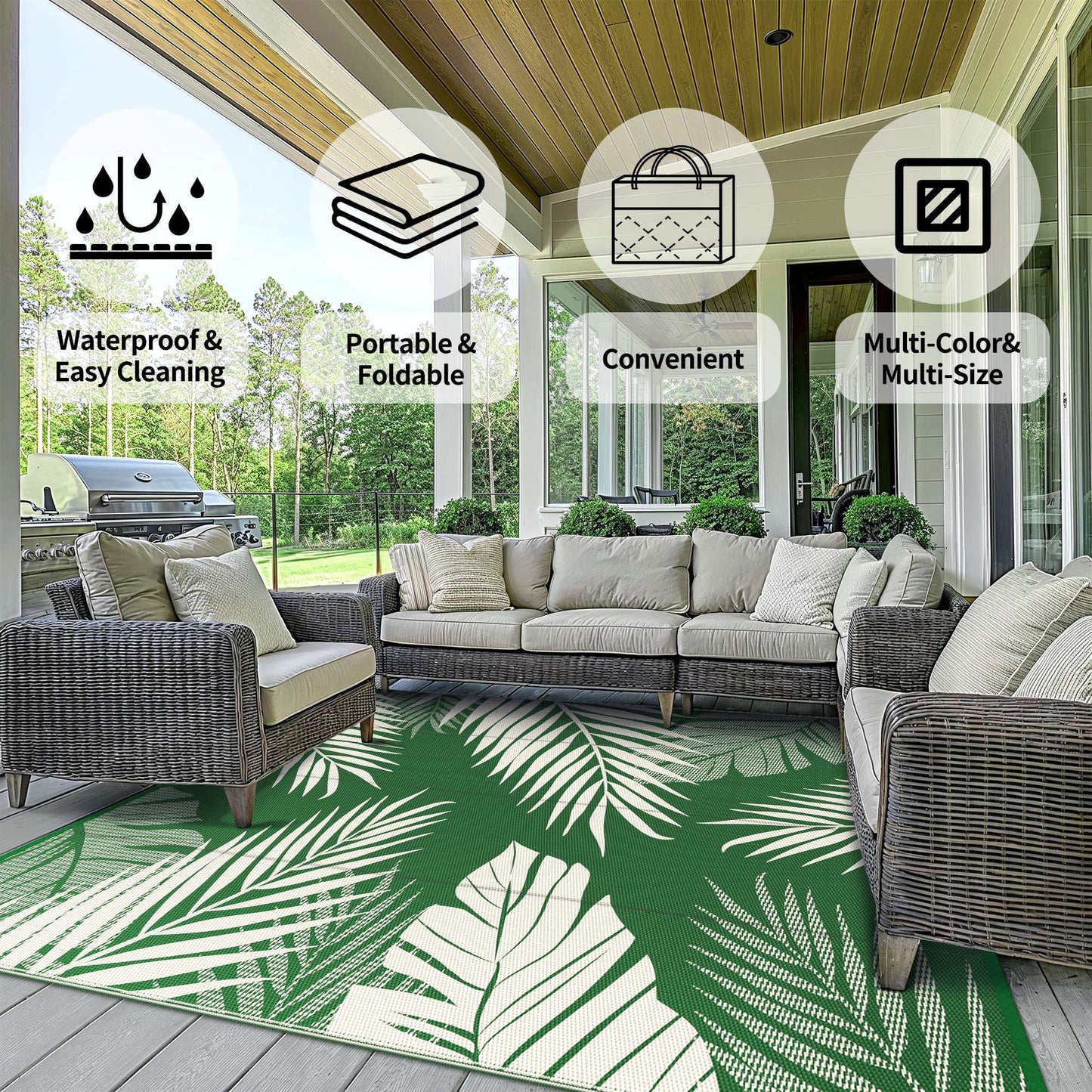 deorab 6'x9' outdoor rugs waterproof patio lightweight reversible plastic carpet outside camping mat,darkgreen