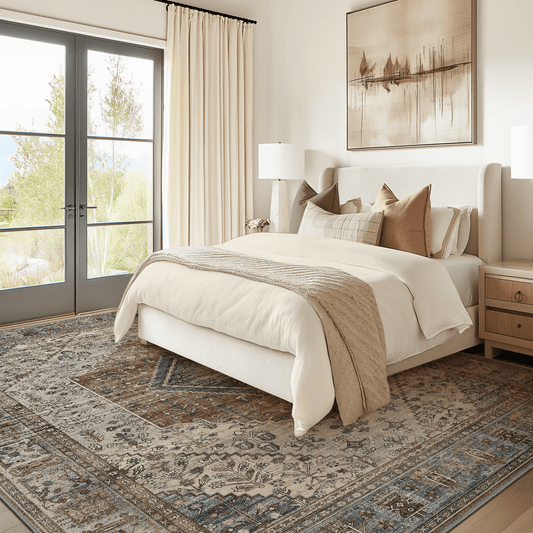 DEORAB 8X10 Area Rugs for Living Room, Non Slip Indoor Vogue Area Rugs, Low Pile Lightweight Vintage Large Print Mat for Bedroom Dining Room Home Office and Hall, Ultra-Thin, Blue Gray