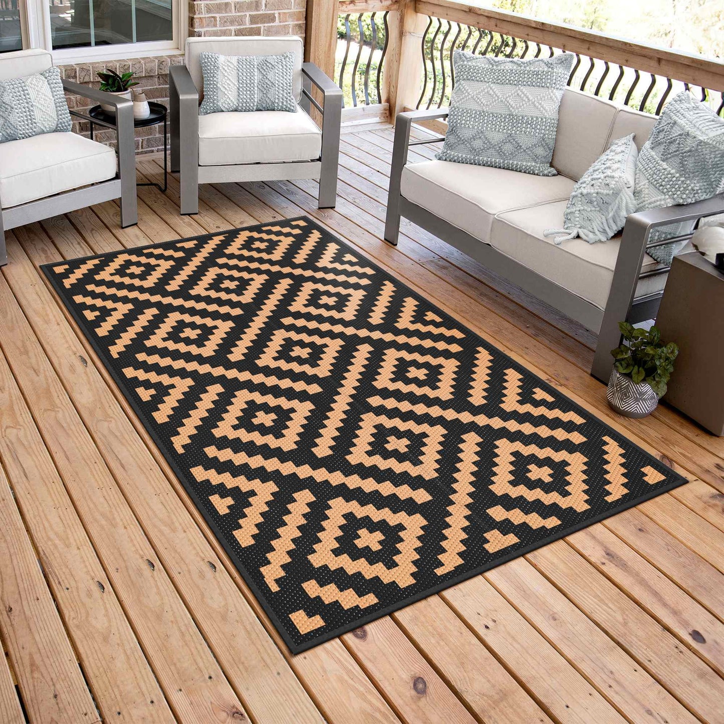 deorab outdoor rugs waterproof plastic straw mat 10'x14' reversible for rv patio deck beach black & brown