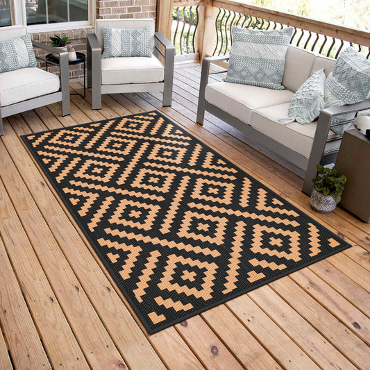 DEORAB Outdoor Rugs Waterproof Plastic Straw Mat 10'x14' Reversible for RV Patio Deck Beach Black & Brown
