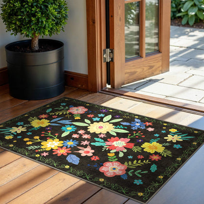 DEORAB 4'x 6' Outdoor Rug Chenille 3-Layers Patio Washable Mat Imitation Silicone Material Camping Garden RV Carpet,BLACK