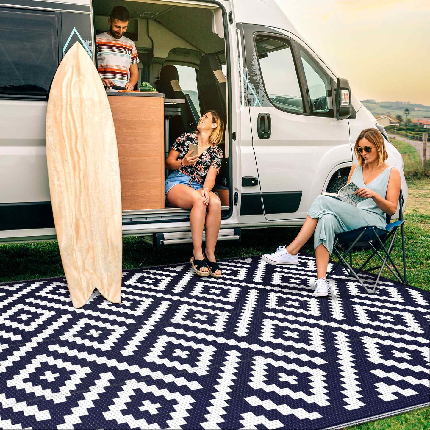deorab 6'x9' outdoor rug patio clearance waterproof mat,reversible plastic camping nanyblue & white