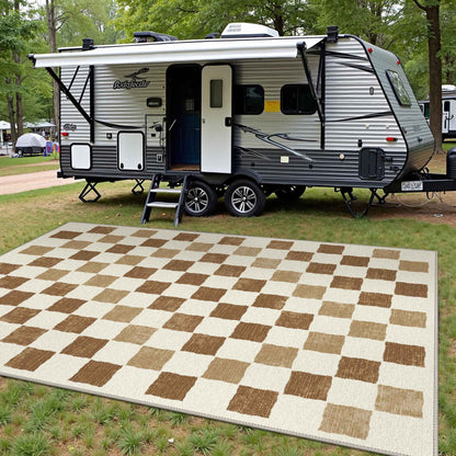 DEORAB Outdoor Rugs 8'X10' Chenille Patio Rug Three-Layer Material Imitation Silicone Spot Molding Camping Outside Rv Mat,BROWN & BEIGE