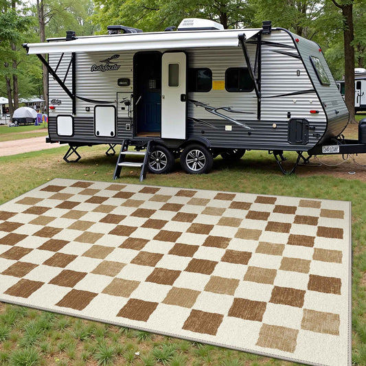 DEORAB Outdoor Rugs 9'X12' Chenille Patio Rug Three-Layer Material Imitation Silicone Spot Molding Camping Outside Rv Mat,BROWN & BEIGE