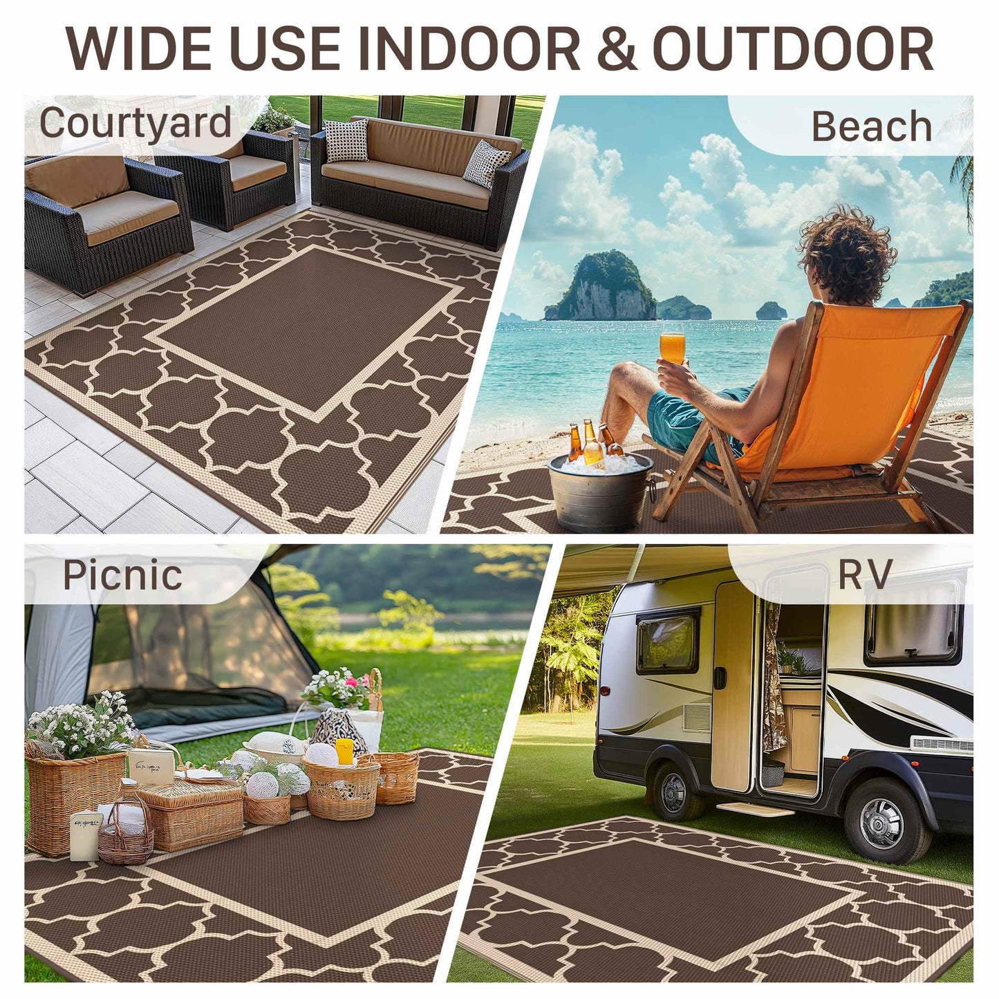 deorab outdoor rugs waterproof plastic straw mat 8'x10' reversible for rv patio deck beach coffee & beige