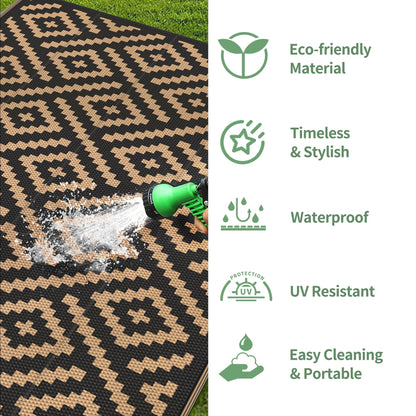 DEORAB Outdoor Rugs Waterproof Plastic Straw Mat 8'x10' Reversible for RV Patio Deck Beach Black & Brown
