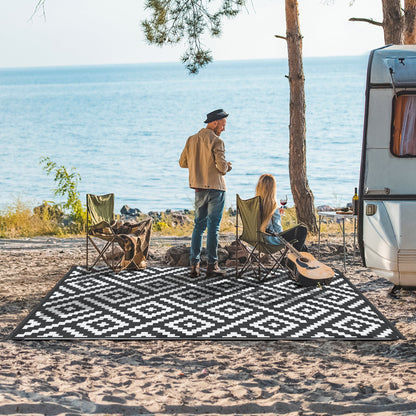 DEORAB Outdoor Rugs Waterproof Plastic Straw Mat 9'x12' Reversible for RV Patio Deck Beach Black & White