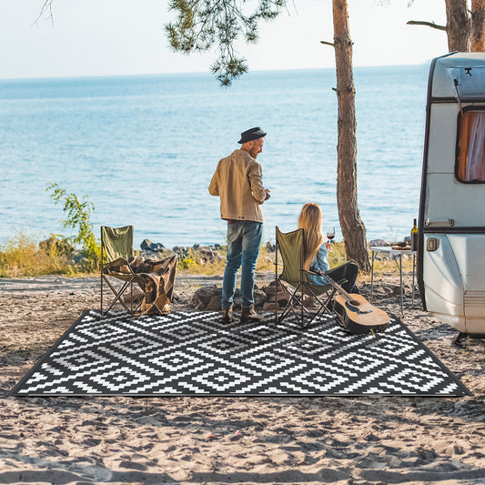 DEORAB Outdoor Rugs Waterproof Plastic Straw Mat 9'x12' Reversible for RV Patio Deck Beach Black & White