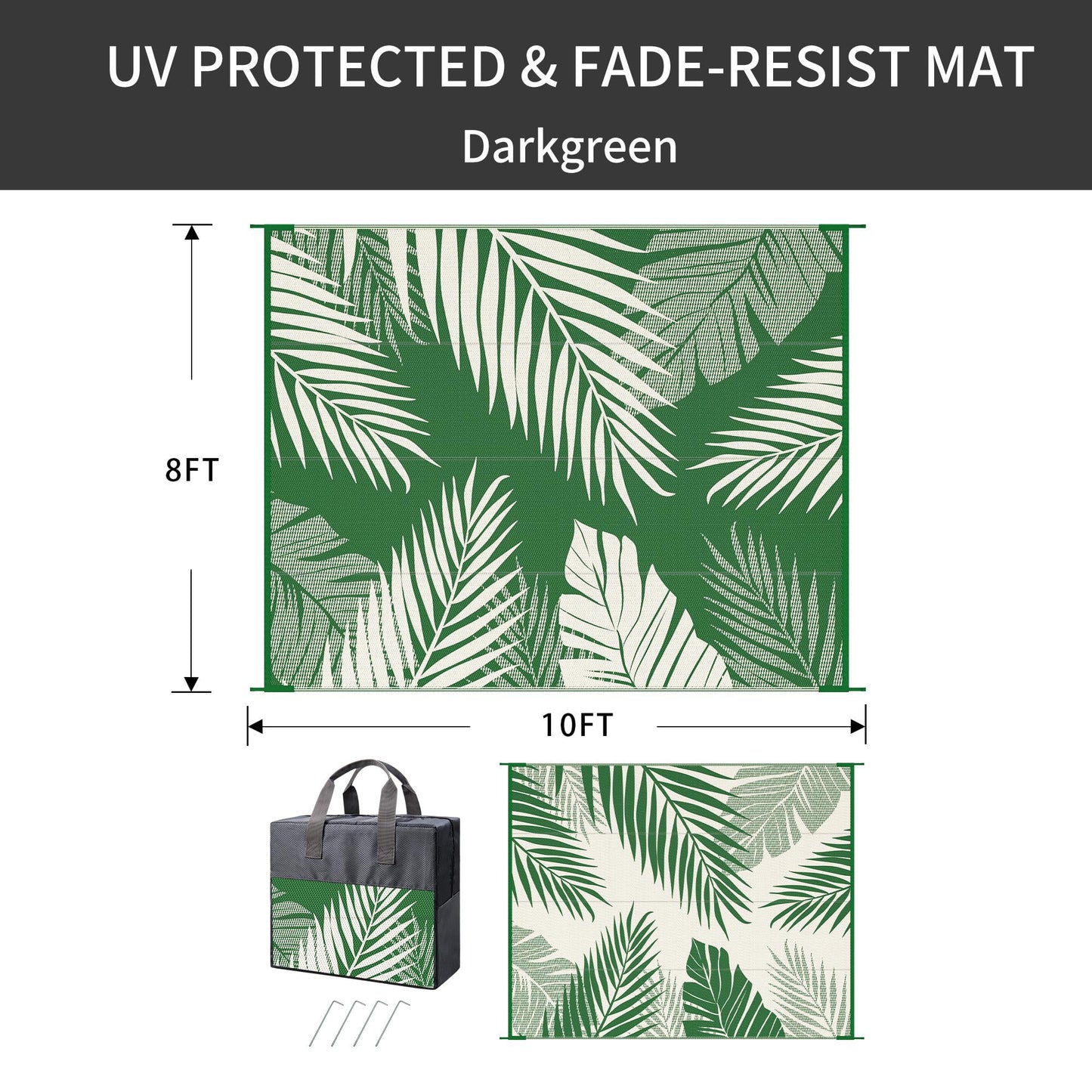 deorab 8'x10' outdoor rugs waterproof patio lightweight reversible plastic carpet outside camping mat,darkgreen