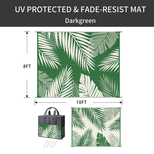 DEORAB 8'x10' Outdoor Rugs Waterproof Patio Lightweight Reversible Plastic Carpet Outside Camping Mat,DarkGreen