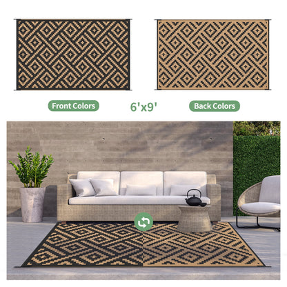 DEORAB Outdoor Rugs Waterproof Plastic Straw Mat 6'x9' Reversible for RV Patio Deck Beach Black & Brown