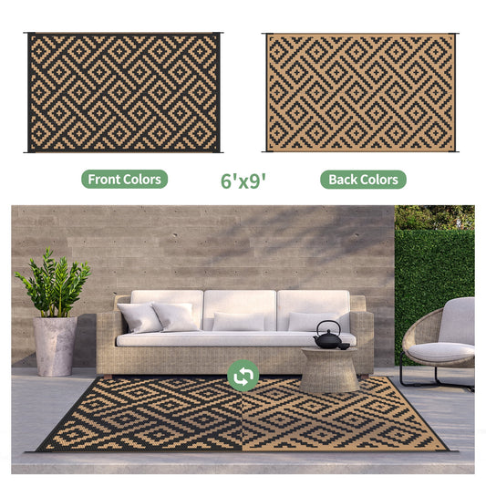 DEORAB Outdoor Rugs Waterproof Plastic Straw Mat 6'x9' Reversible for RV Patio Deck Beach Black & Brown