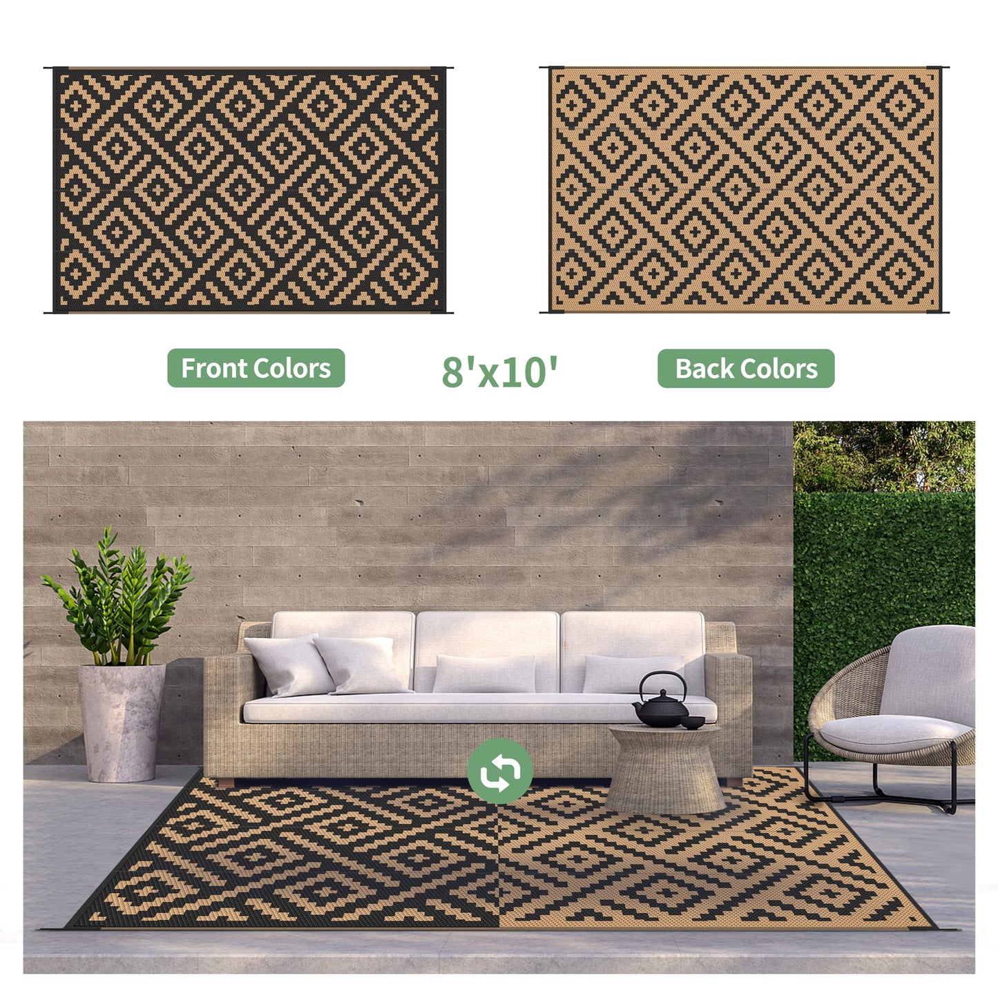 deorab outdoor rugs waterproof plastic straw mat 8'x10' reversible for rv patio deck beach black & brown