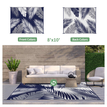DEORAB 8'x10' Outdoor Rugs Patio Waterproof Outside Mat Reversible Plastic Camping Carpet,Navy blue & White