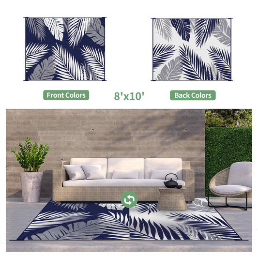 DEORAB 8'x10' Outdoor Rugs Patio Waterproof Outside Mat Reversible Plastic Camping Carpet,Navy blue & White