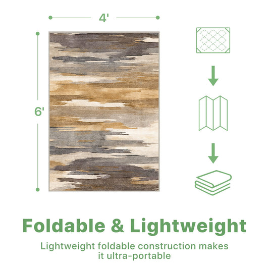 DEORAB 4'X6' Outdoor Rugs Chenille Machine Washable Three-Layer Material Non Slip Imitation Silicone Spot Molding Camping Deck Balcony Porch Carpet, Brown & Beige