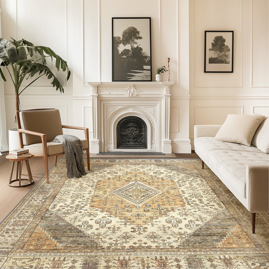 DEORAB 8X10 Area Rugs for Living Room, Non Slip Indoor Vogue Area Rugs, Low Pile Lightweight Vintage Large Print Mat for Bedroom Dining Room Home Office and Hall,Ultra-Thin, Beige