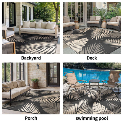 DEORAB Outdoor Rugs Patio Lightweight Waterproof Mat Plastic Rv Camper Outside Carpet,Black&Beige,10'x14'