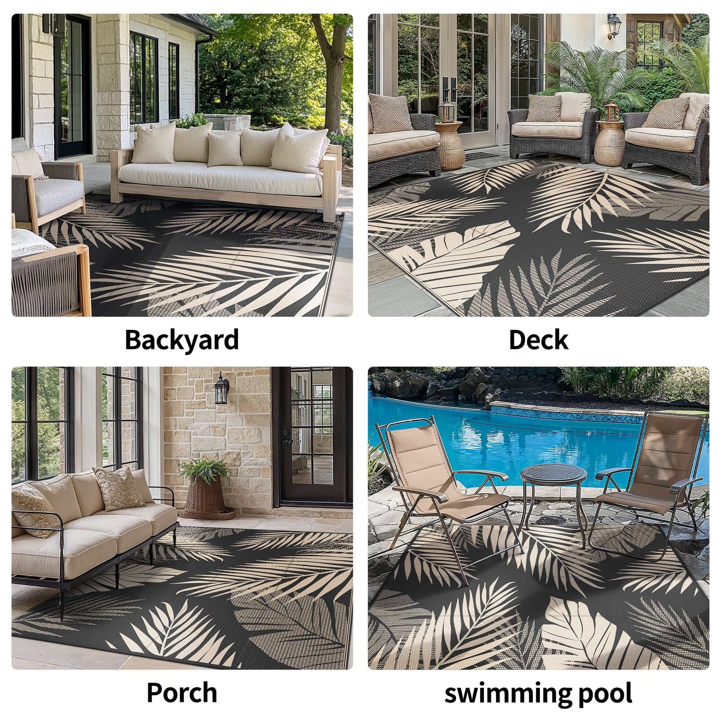 deorab outdoor rugs patio lightweight waterproof mat plastic rv camper outside carpet,black&beige,5'x8'