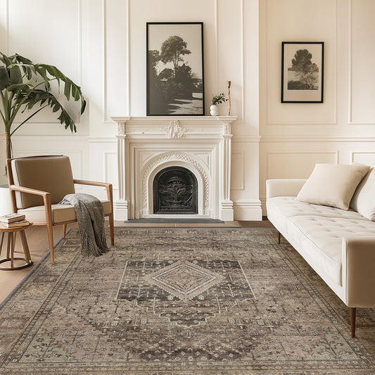 DEORAB 8X10 Area Rugs for Living Room, Non Slip Indoor Vogue Area Rugs, Low Pile Lightweight Vintage Large Print Mat for Bedroom Dining Room Home Office and Hall, Ultra-Thin, TAN