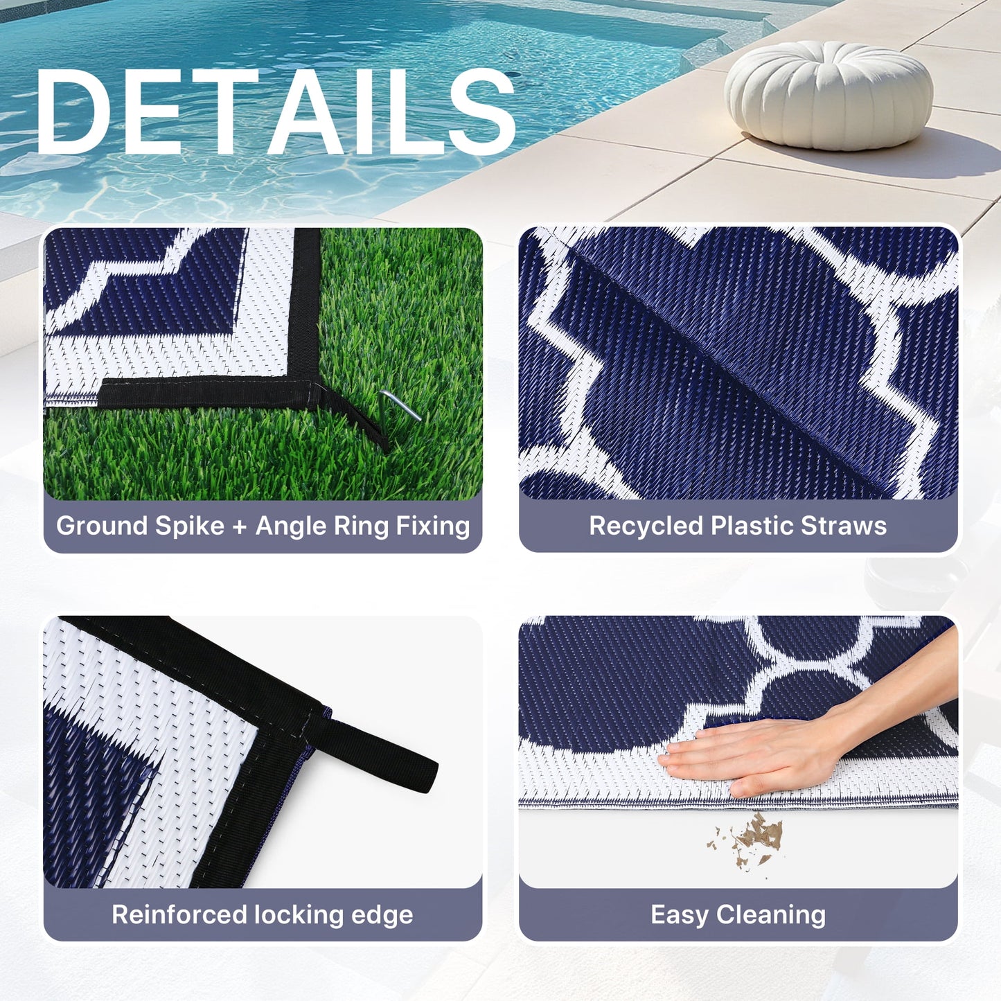 deorab outdoor rugs waterproof plastic straw mat 6'x9' reversible patio deck beach blue & white