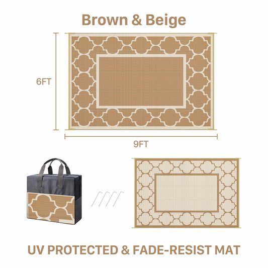 DEORAB Outdoor Rugs Waterproof Plastic Straw Mat 6'x9' Reversible for RV Patio Deck Beach Brown & Beige