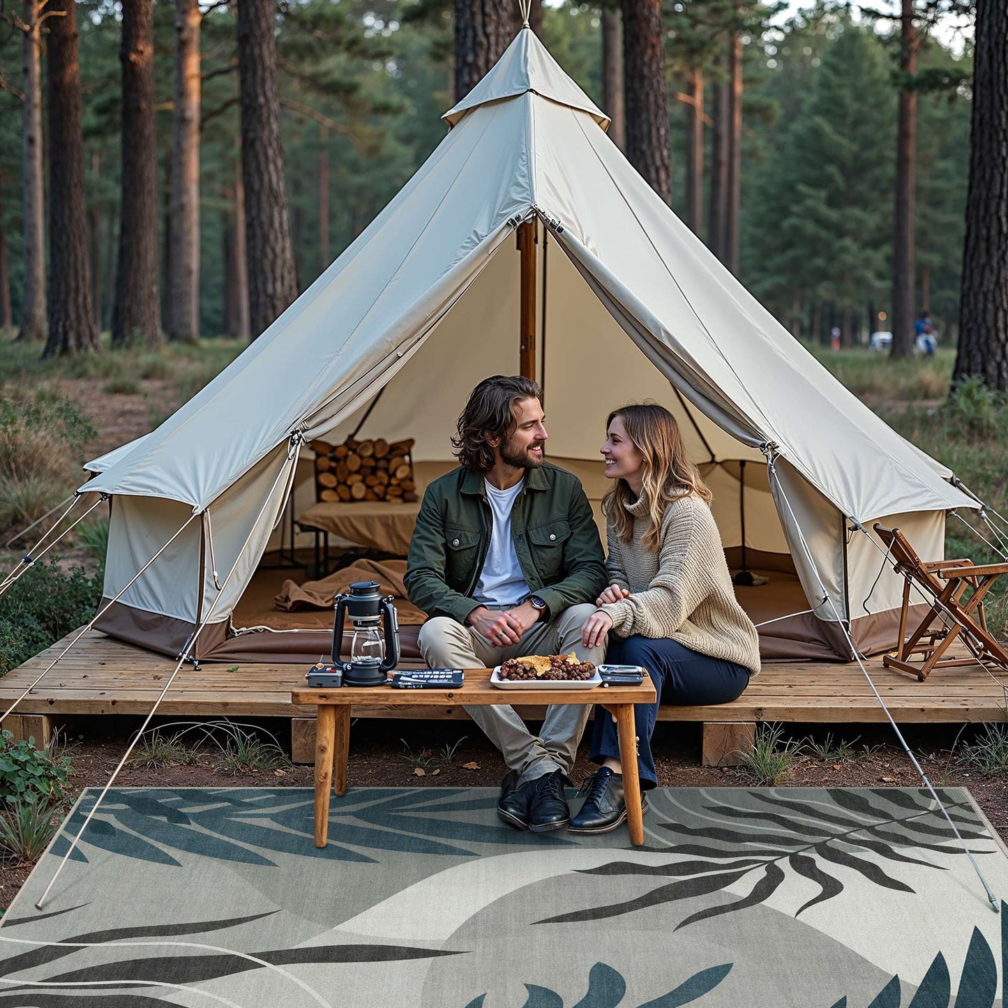 deorab outdoor rug 5'x7' chenille patio carpet three-layer material imitation silicone spot molding camping outside rv mat,blue&grey