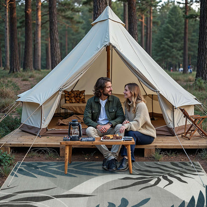 DEORAB Outdoor Rug 5'X7' Chenille Patio Carpet Three-Layer Material Imitation Silicone Spot Molding Camping Outside RV Mat,Blue&Grey