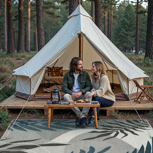 DEORAB Outdoor Rug 9'X12' Chenille Patio Carpet Three-Layer Material Imitation Silicone Spot Molding Camping Outside RV Mat,Blue&Grey