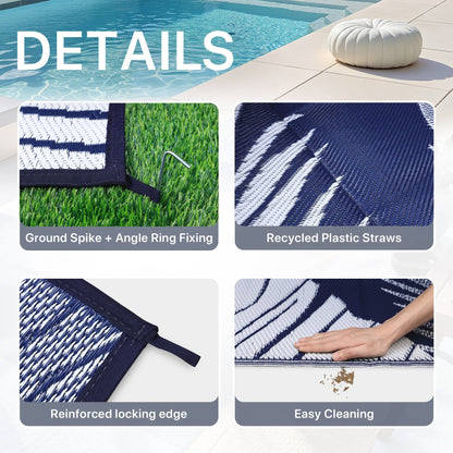 DEORAB 8'x10' Outdoor Rugs Patio Waterproof Outside Mat Reversible Plastic Camping Carpet,Navy blue & White
