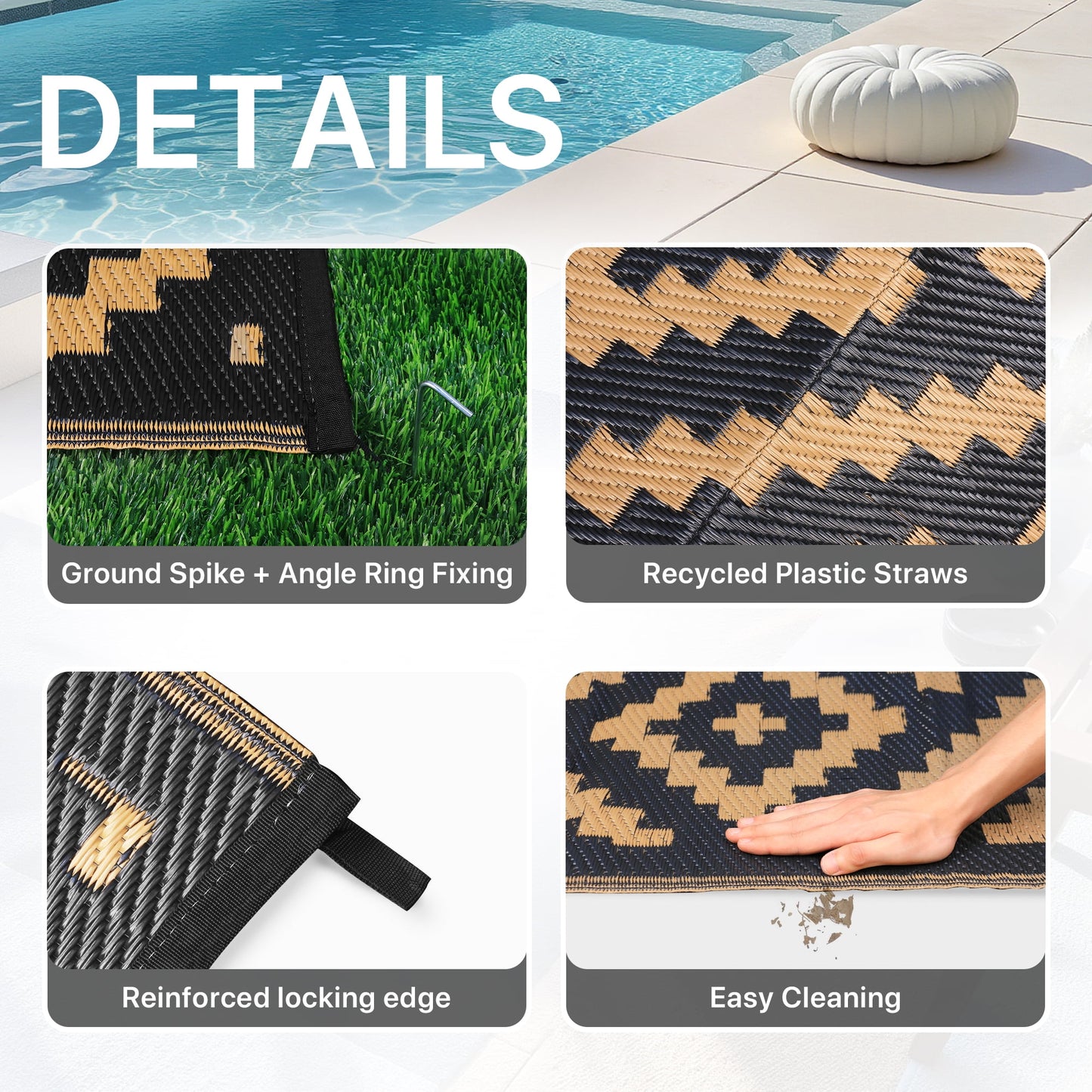 deorab outdoor rugs waterproof plastic straw mat 6'x9' reversible for rv patio deck beach black & brown