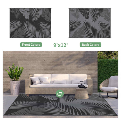 DEORAB 9'x12' Outdoor Rugs Patio Waterproof Outside Mat Reversible Plastic Camping Carpet,Black & Grey