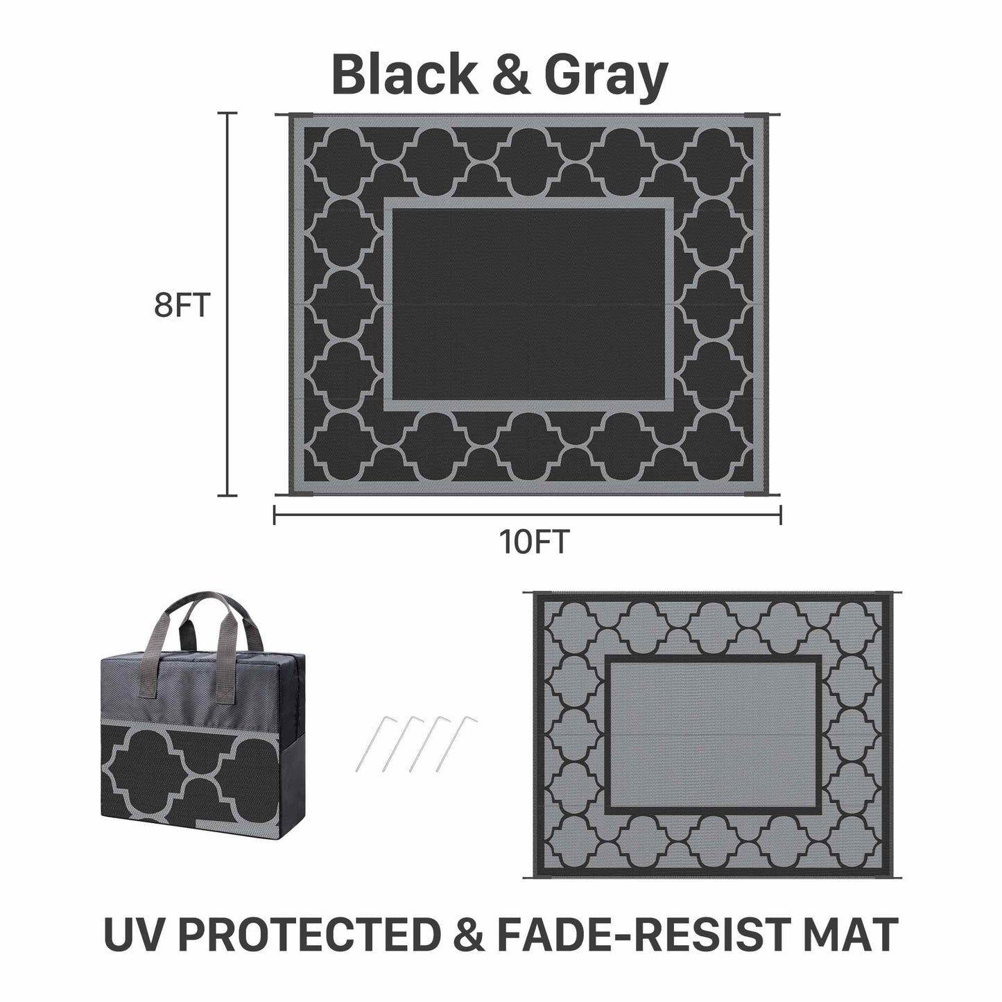 deorab outdoor rugs waterproof plastic straw mat 8'x10' reversible for rv patio deck beach black & gray