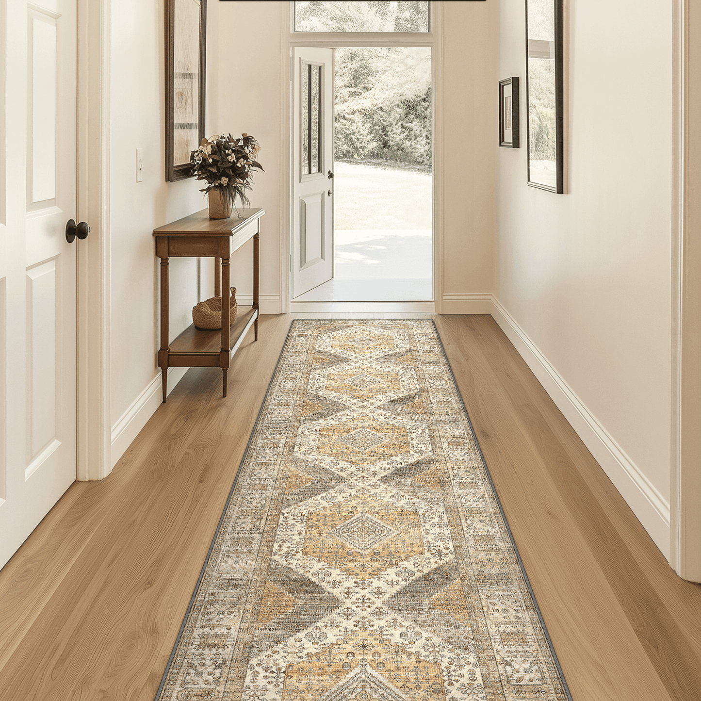 deorab runner rug 2x5 non slip hallway vintage rugs, machine washable lightweight mat for living room, entryway, bedroom, kitchen and passage, ultra-thin, beige