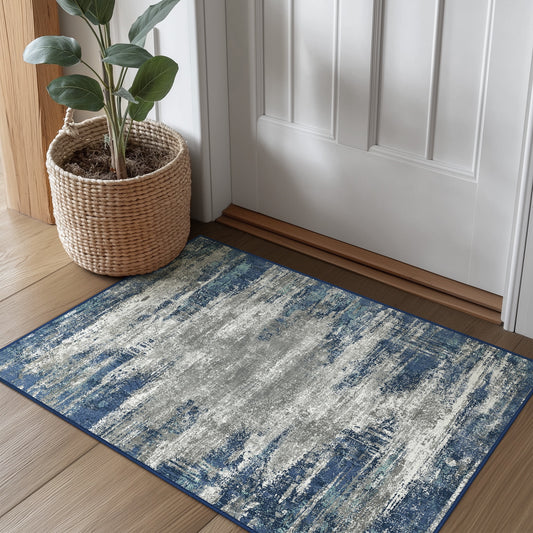 DEORAB 2X3 Area Rugs for Living Room, Large Modern Machine Washable Vintage Rugs Distressed Abstract Print Blue Throw Rug for Bedroom Aesthetic, Non Slip Ultra-thin Carpet with Gripper