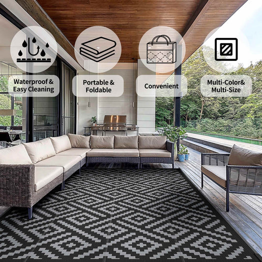 DEORAB Outdoor Rugs Waterproof Plastic Straw Mat 6'x9' Reversible for RV Patio Deck Beach Black & Gray