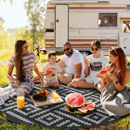 DEORAB Outdoor Rugs Waterproof Plastic Straw Mat 8'x8' Reversible for RV Patio Deck Beach Black & Gray